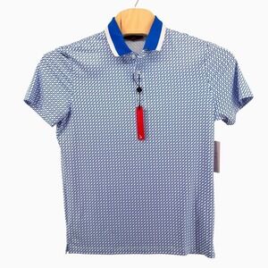 NEW REDVANLY Devine Polo Mens Medium Short Sleeve Marine Blue Geometric R2504